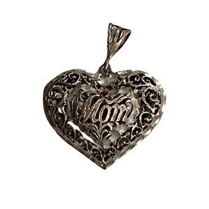 Antique Sterling Silver MOM Puffy Filigree Heart Women’s Designer Pendent